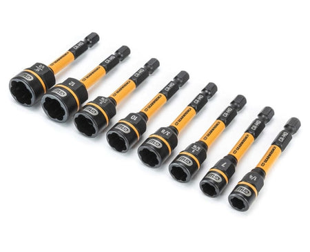 The full 8-piece set of GEARWRENCH Bolt Biter nut extractor drivers, including all SAE and Metric sizes, arranged in a row on a white background.