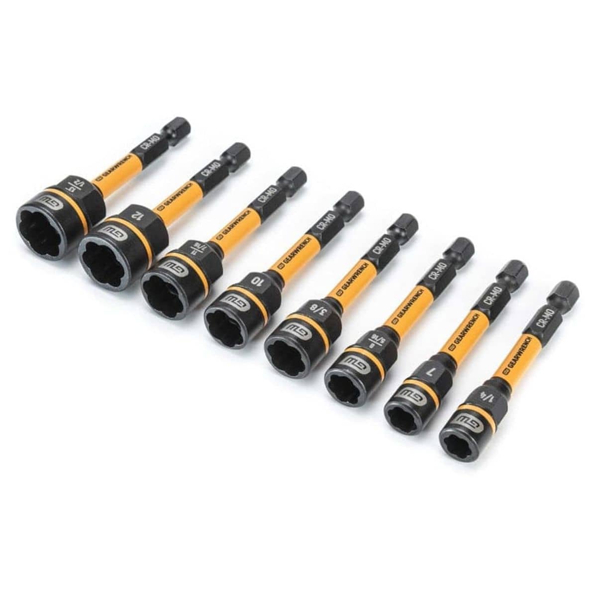 The full 8-piece set of GEARWRENCH Bolt Biter nut extractor drivers, including all SAE and Metric sizes, arranged in a row on a white background.