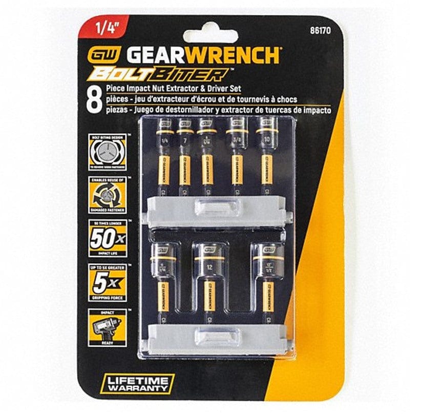 The GEARWRENCH 8-piece Bolt Biter nut extractor and driver set, model 86170, shown in its official retail blister pack packaging.