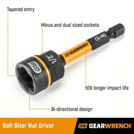 An informational graphic of a GEARWRENCH Bolt Biter Nut Driver with callouts pointing to its features: "Tapered entry," "Minus and dual sized sockets," "Bi-directional design," "50X longer impact life," and "CR-MO" on the hex shank.