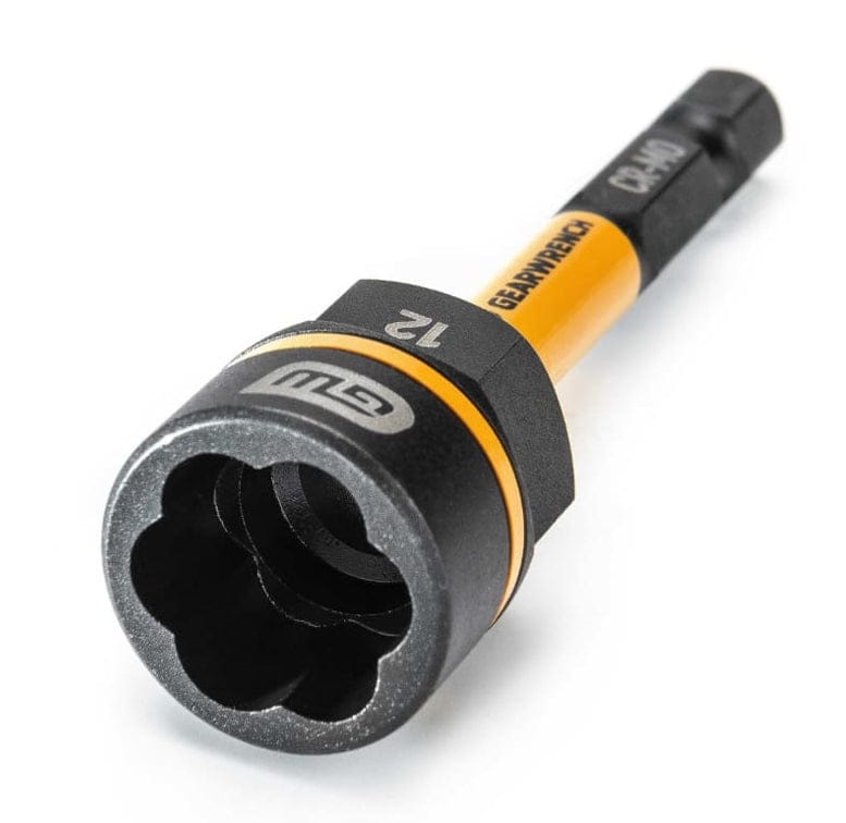 A close-up three-quarter view of the 12mm GEARWRENCH Bolt Biter nut extractor driver, showing the tapered, fluted socket end.