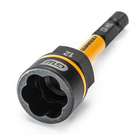 A close-up three-quarter view of the 12mm GEARWRENCH Bolt Biter nut extractor driver, showing the tapered, fluted socket end.