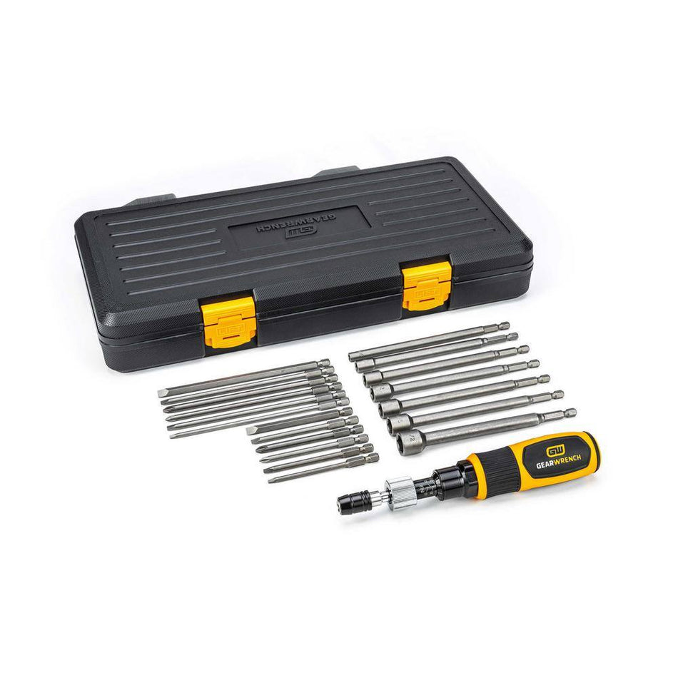 Gearwrench 89620 20-piece 1/4 inch drive torque screwdriver set displayed with the adjustable torque handle, variety of nut driver and screwdriver bits, and its heavy-duty black blow-molded storage case.