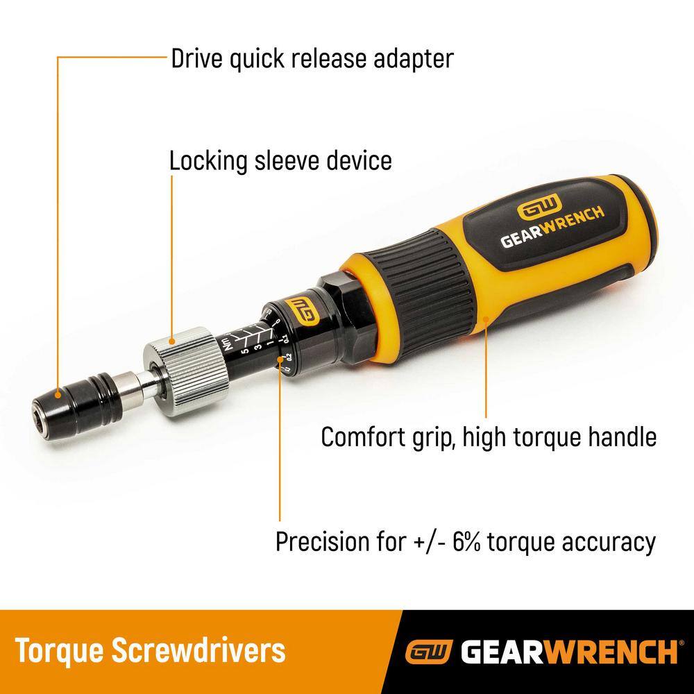 Detailed infographic of the Gearwrench 1/4 inch drive torque screwdriver highlighting the drive quick-release adapter, locking sleeve device, comfort grip high-torque handle, and precision engineering for +/- 6 percent torque accuracy.