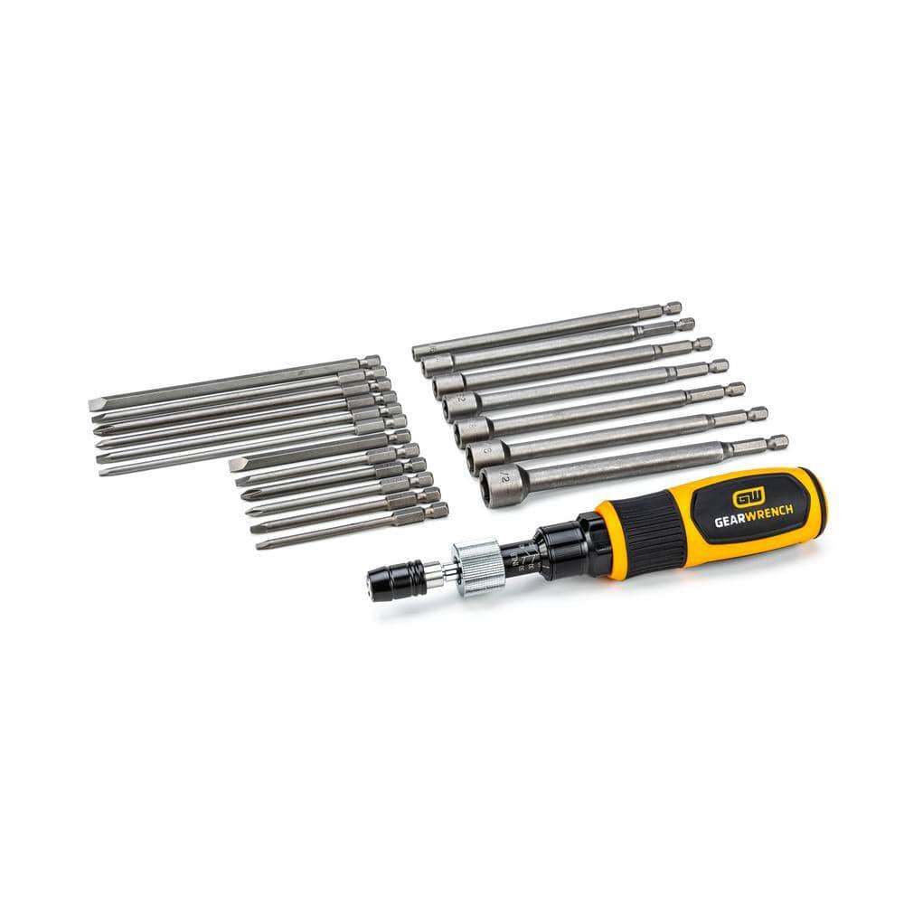 The complete bit assortment included in the Gearwrench 89620 set, featuring long nut drivers, Phillips, slotted, and square drive bits arranged alongside the 10-50 in/lb torque screwdriver handle.
