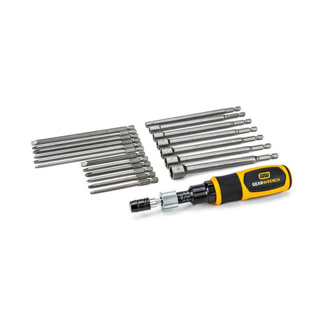 The complete bit assortment included in the Gearwrench 89620 set, featuring long nut drivers, Phillips, slotted, and square drive bits arranged alongside the 10-50 in/lb torque screwdriver handle.