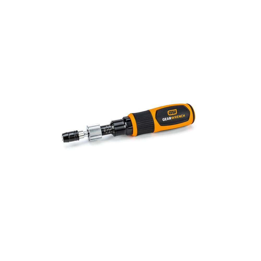 A side profile of the Gearwrench torque screwdriver handle showcasing the ergonomic yellow and black co-molded grip and the integrated torque adjustment scale for precise electrical fastening.