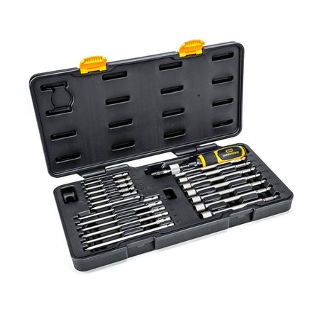 The Gearwrench 89620 torque screwdriver kit organized in its durable blow-molded case, with custom-fitted slots to securely retain the handle and all 19 accompanying bits.