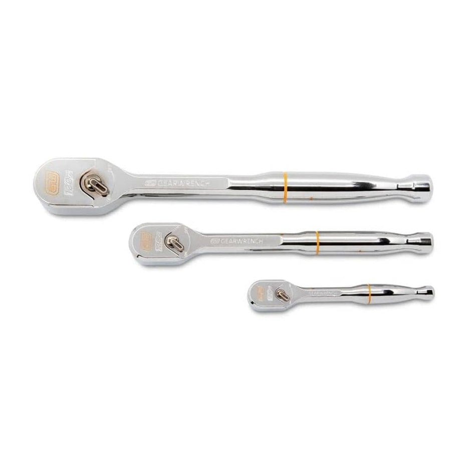Three chrome-finished ratchet wrenches of different sizes with GEARWRENCH branding, arranged side by side for comparison.