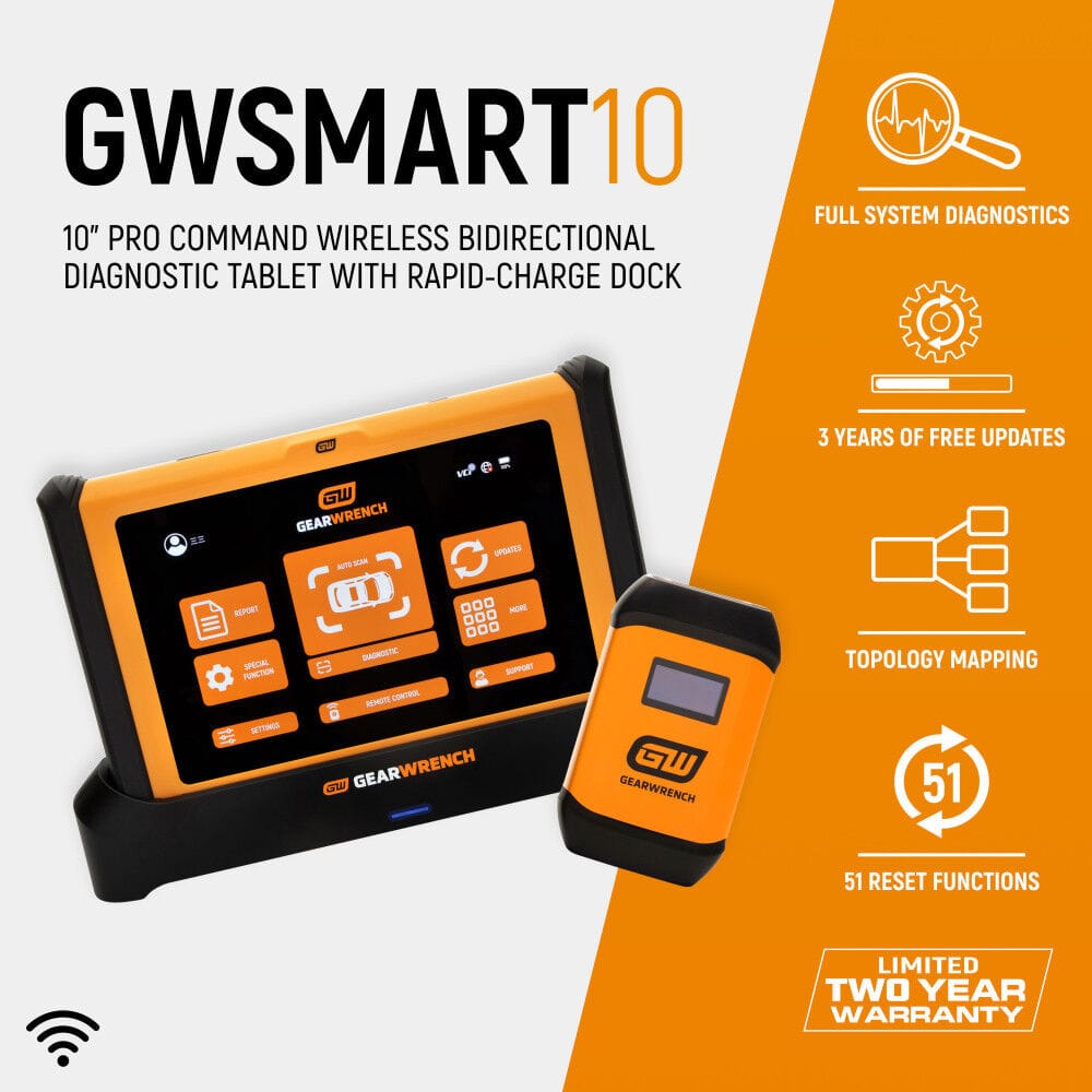 A retail marketing informational chart highlighting the GWSMART10 10-inch pro command wireless bidirectional diagnostic tablet and rapid-charge dock, showcasing feature callout icons for full system diagnostics, 3 years of free updates, topology mapping network analysis, 51 reset functions, and a limited two-year warranty.