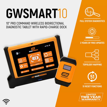 A retail marketing informational chart highlighting the GWSMART10 10-inch pro command wireless bidirectional diagnostic tablet and rapid-charge dock, showcasing feature callout icons for full system diagnostics, 3 years of free updates, topology mapping network analysis, 51 reset functions, and a limited two-year warranty.