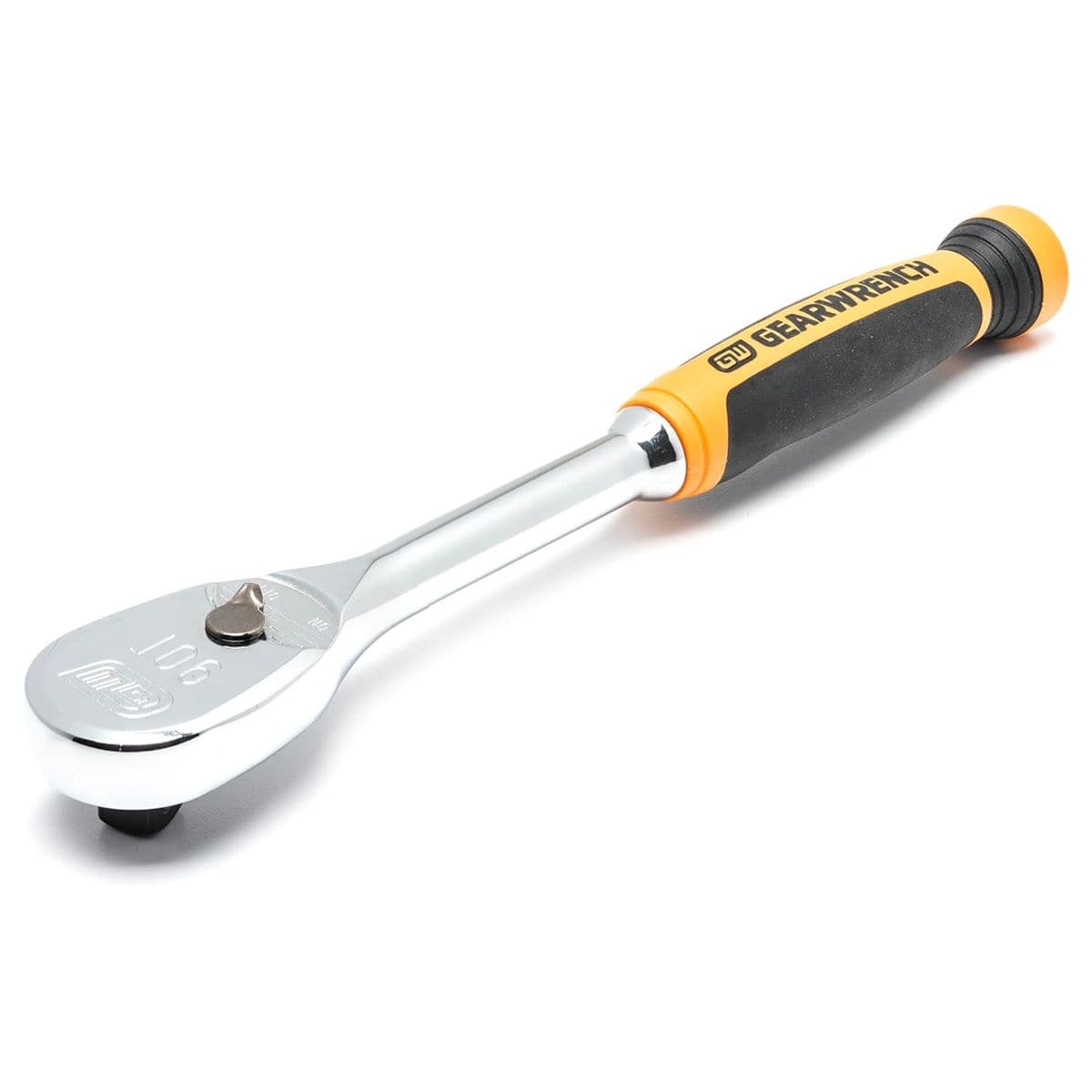 A perspective view of a single full polish chrome Gearwrench 81303T half inch drive manual ratchet laid diagonally on a solid white surface, highlighting its teardrop shaped head with integrated reversing switch and its textured orange and black dual material cushion grip handle.