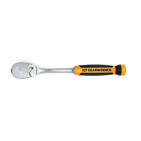 An overhead plan view of the full polish chrome Gearwrench half inch drive ratchet, showing the precise geometric layout of the teardrop head with directional indicator markings and the contoured form of the orange and black cushion handle.