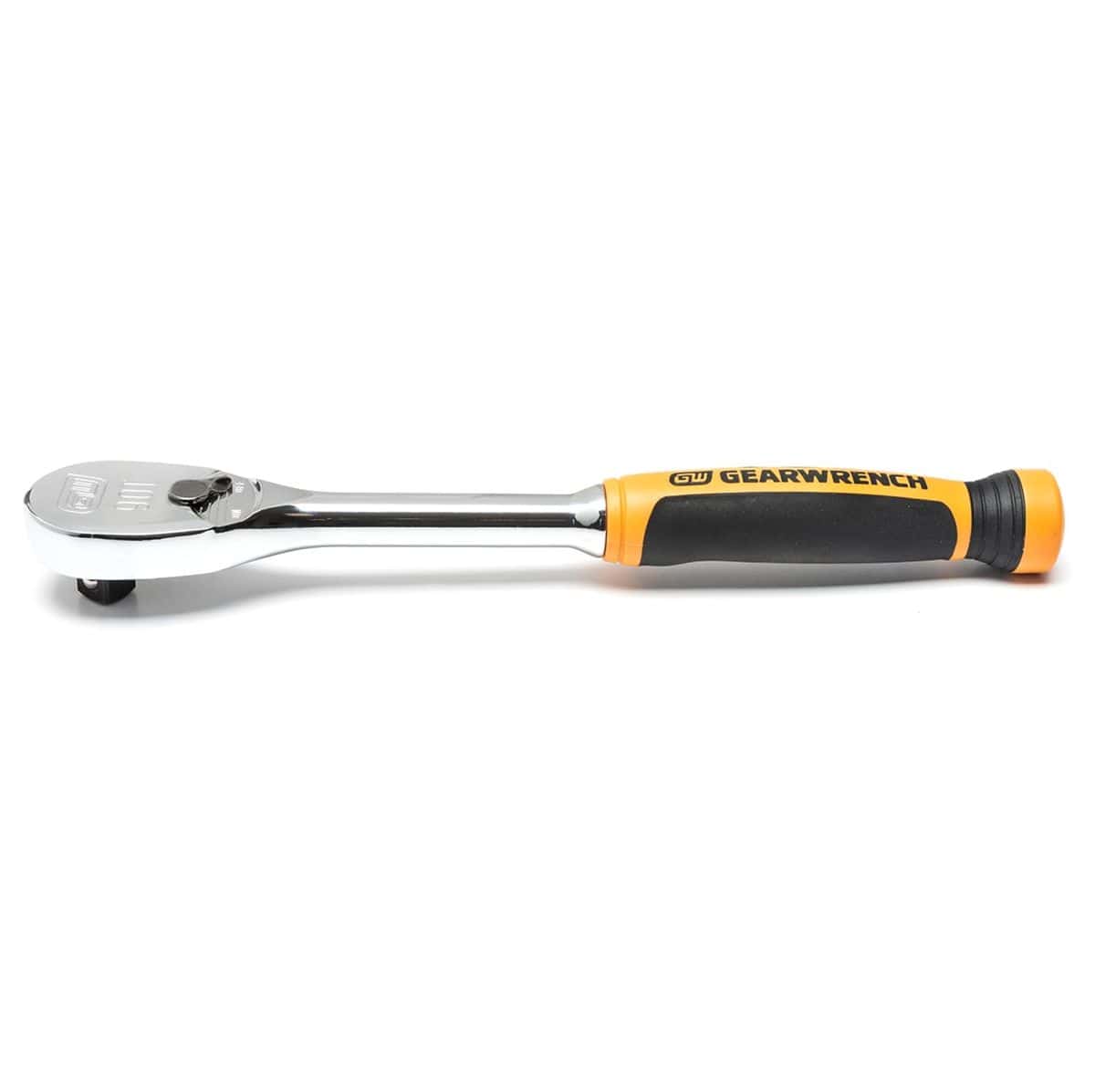A horizontal side profile view of the Gearwrench 81303T ratchet, emphasizing the low profile thickness of the enclosed teardrop head, the flush mounted reversing lever, and the clean straight lines of the alloy steel handle shaft.