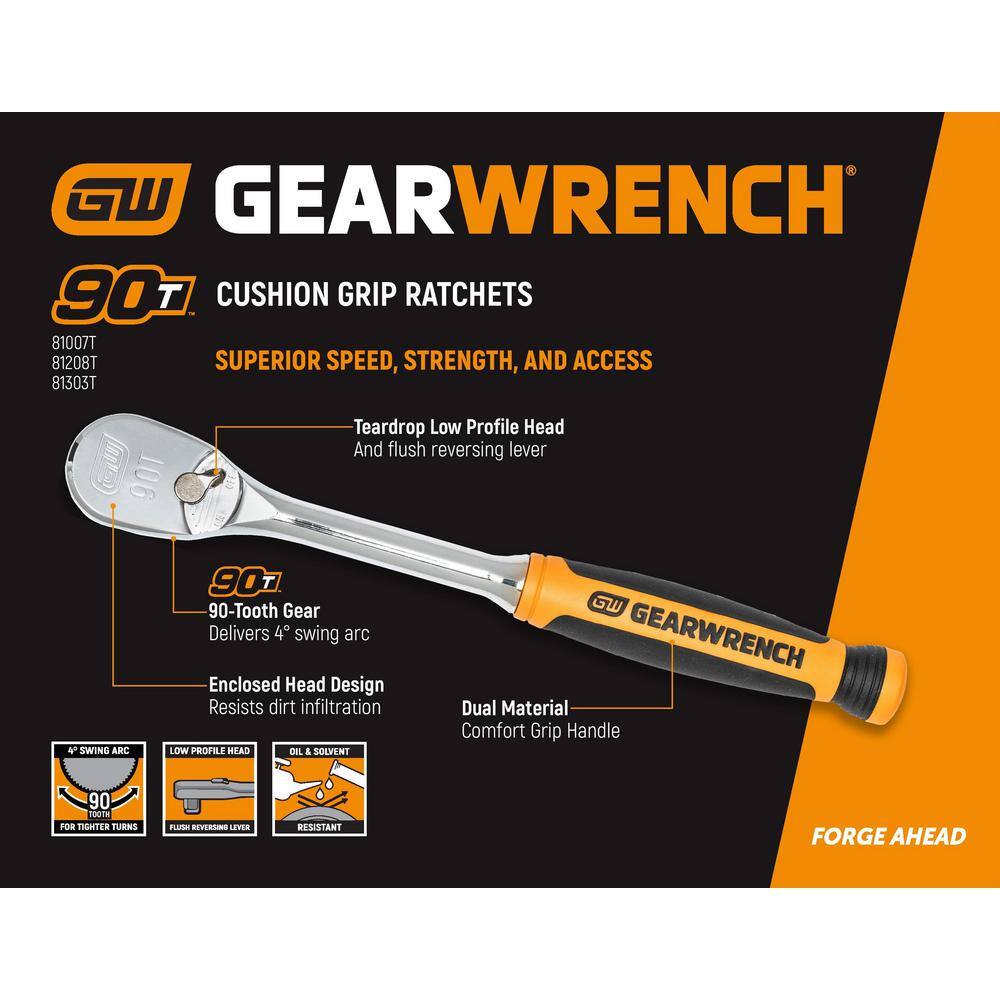 A comprehensive retail marketing graphic featuring the black and orange Gearwrench brand theme, displaying a labeled diagram of the 90T cushion grip ratchet pointing out the teardrop low profile head, flush reversing lever, 90 tooth gear, enclosed head design, and dual material comfort handle.