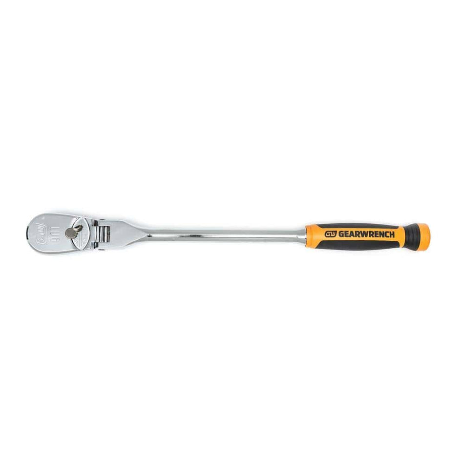Overhead view of the Gearwrench 81370T 1/2-inch drive long reach flex head teardrop ratchet on a crisp white background, highlighting its full polish chrome finish and contoured orange and black dual material cushion grip handle.