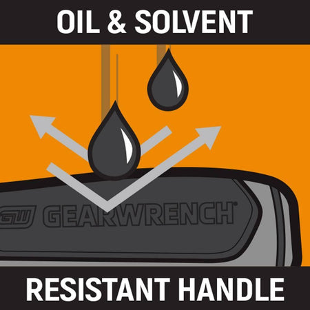 An informational chemical protection graphic reading Oil and Solvent Resistant Handle, showing fluid droplets deflecting cleanly off a stylized diagram of the dual material composite handle to signify long term jobsite durability.