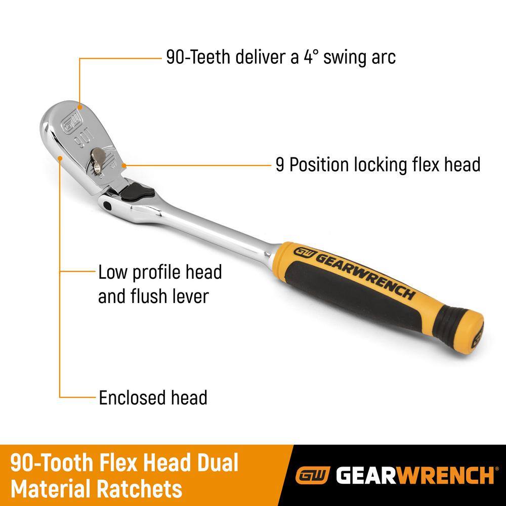 Retail marketing infographic titled 90-Tooth Flex Head Dual Material Ratchets, illustrating a labeled product diagram highlighting key features including the 90-teeth 4-degree swing arc, 9-position locking flex head, low profile head with flush reversing lever, and enclosed head layout.