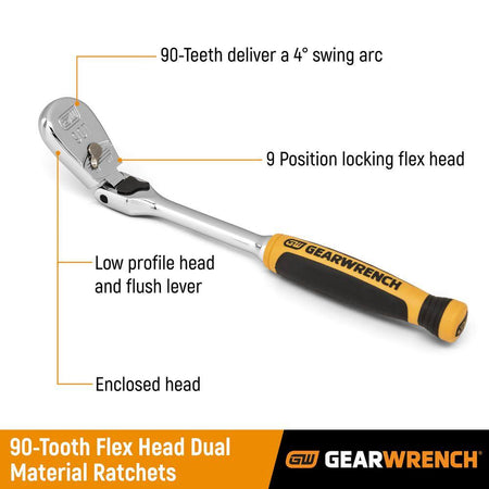Retail marketing infographic titled 90-Tooth Flex Head Dual Material Ratchets, illustrating a labeled product diagram highlighting key features including the 90-teeth 4-degree swing arc, 9-position locking flex head, low profile head with flush reversing lever, and enclosed head layout.