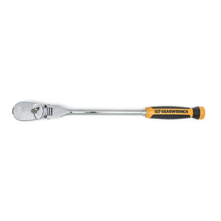 Full overhead plan view of the mirror-finish full polish chrome Gearwrench 81370T 1/2-inch drive 17-inch long reach flex head ratchet laid flat over a solid white backdrop.