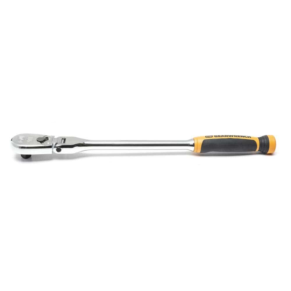 Side profile view of the long format alloy steel Gearwrench ratchet, emphasizing the ultra-thin low profile head clearance depth, the flush mounted mechanical directional lever, and the heavy duty pivot joint mechanism.