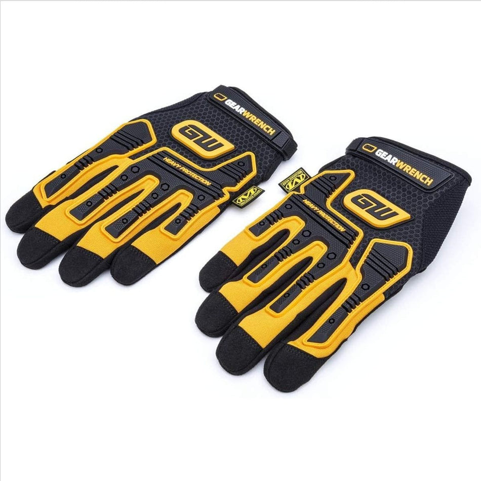 Studio view of a pair of black and molten orange heavy-duty work gloves showing the thermoplastic rubber knuckle protection and wrist straps.