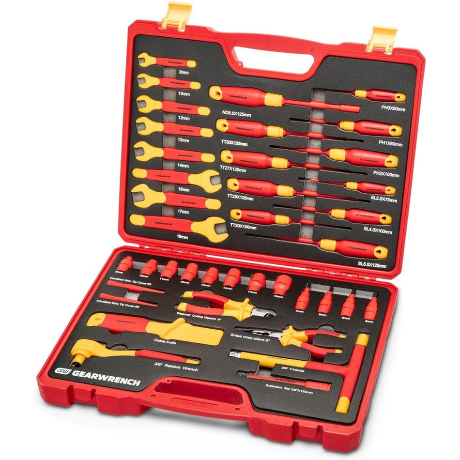 The Gearwrench GWVDE39 39-piece VDE insulated tool set completely arranged within its open red protective blow-mold carrying case, showing individual, labeled storage slots for screwdrivers, sockets, open-end wrenches, pliers, and drive tools.