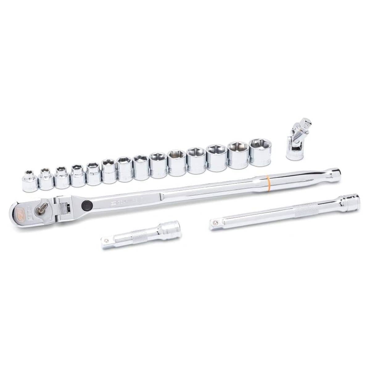 Full polish chrome Gearwrench mechanics tool set layout featuring a 3/8-inch drive locking flex head ratchet, a row of stubby 6-point metric sockets, two drive extensions, and a universal joint accessory isolated on a white background.