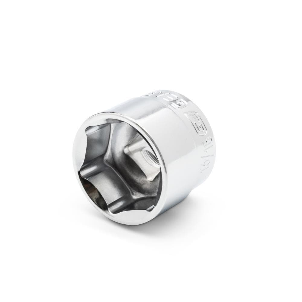 Close-up studio view of a single Gearwrench 6-point stubby metric socket, showing the interior hex geometry and the clear size markings stamped into the polished chrome steel surface.