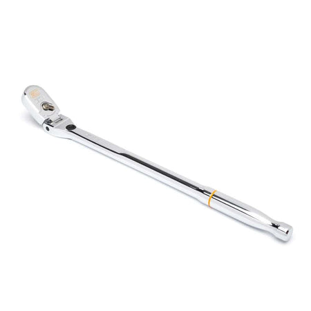 An isolated profile view of the Gearwrench 3/8-inch drive 120XP locking flex head ratchet, emphasizing its streamlined teardrop head layout, dual-direction directional switch, and polished handle shank.