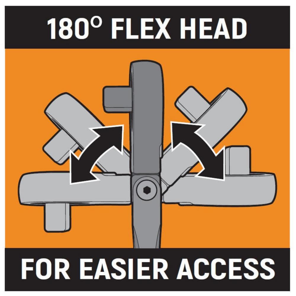 Product adjustment diagram titled 180 Degree Flex Head For Easier Access, using directional motion arrows to demonstrate the pivoting range of the articulating ratchet handle joint.