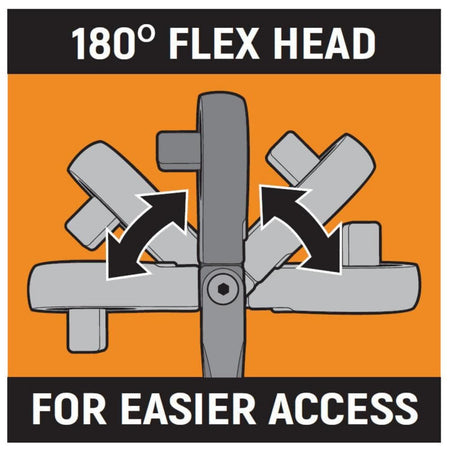 Product adjustment diagram titled 180 Degree Flex Head For Easier Access, using directional motion arrows to demonstrate the pivoting range of the articulating ratchet handle joint.