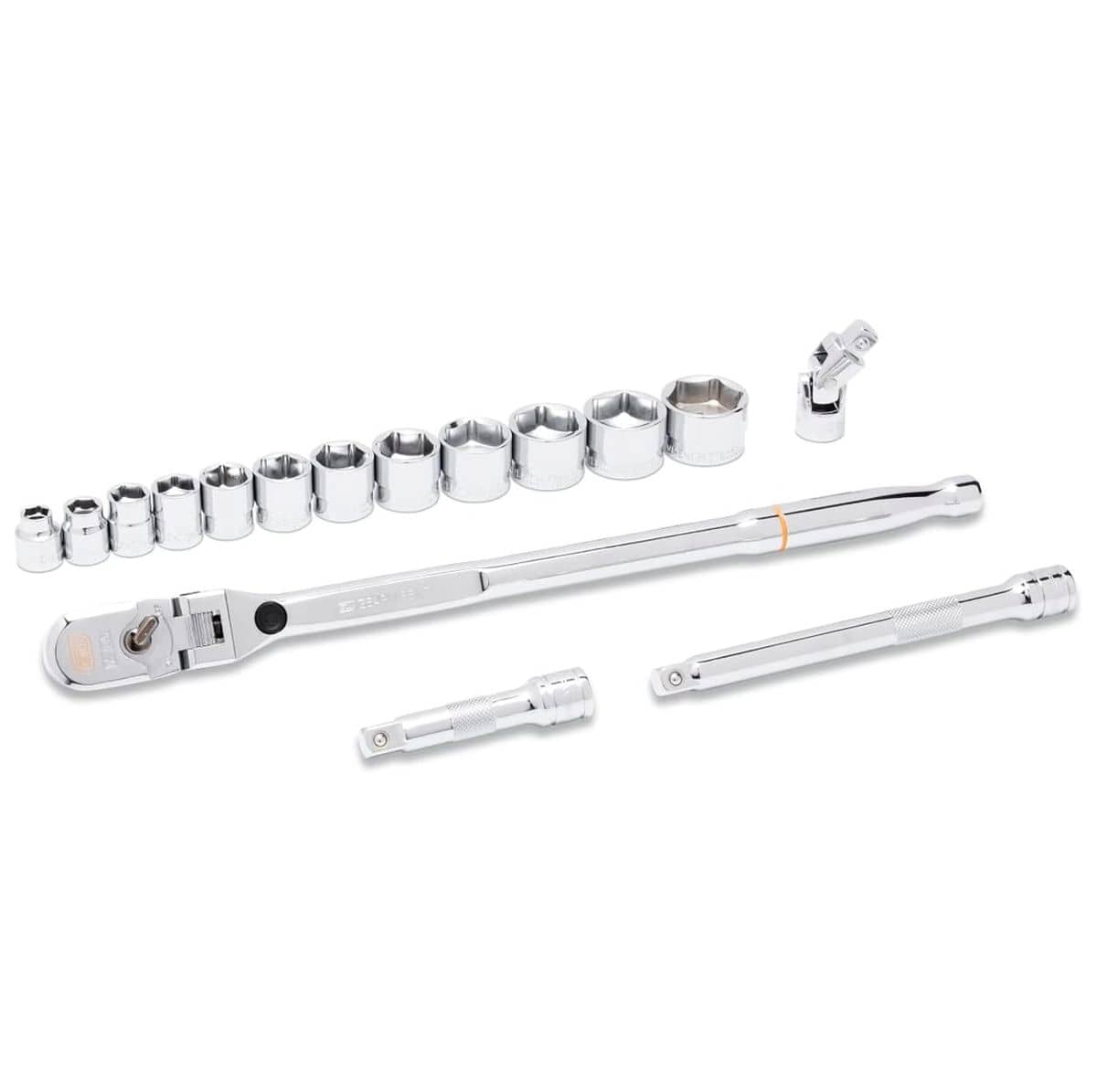 Full polish chrome Gearwrench mechanics tool set components laid out horizontally, including a 3/8-inch drive locking flex head ratchet, a systematic line of stubby 6-point SAE sockets, a universal joint, and two extension bars against a solid white background.