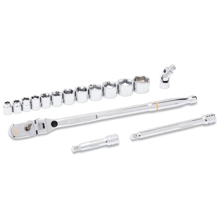 Full polish chrome Gearwrench mechanics tool set components laid out horizontally, including a 3/8-inch drive locking flex head ratchet, a systematic line of stubby 6-point SAE sockets, a universal joint, and two extension bars against a solid white background.