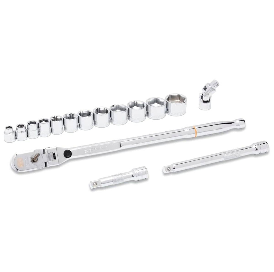 Full polish chrome Gearwrench mechanics tool set components laid out horizontally, including a 3/8-inch drive locking flex head ratchet, a systematic line of stubby 6-point SAE sockets, a universal joint, and two extension bars against a solid white background.