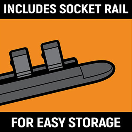 Product informational graphic on a bright orange background with headers reading Includes Socket Rail and For Easy Storage, showing a stylized illustration of a secure organizational storage rail with modular holder clips.