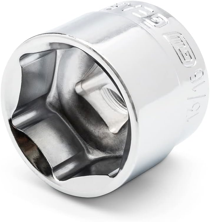 Isolated high-resolution view of a single Gearwrench 6-point stubby SAE socket, showing its polished mirror chrome finish, deep internal hex opening, and clean fractional sizing stamp on the outer wall.