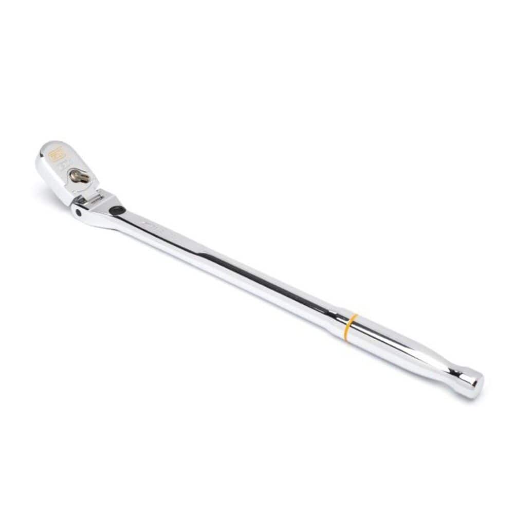 Isolated profile perspective of a Gearwrench 3/8-inch drive 120XP locking flex head ratchet, displaying its polished chrome handle finish, distinct teardrop head shape, and integrated thumb reverse lever.