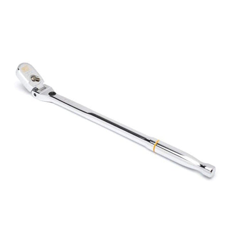 Isolated profile perspective of a Gearwrench 3/8-inch drive 120XP locking flex head ratchet, displaying its polished chrome handle finish, distinct teardrop head shape, and integrated thumb reverse lever.