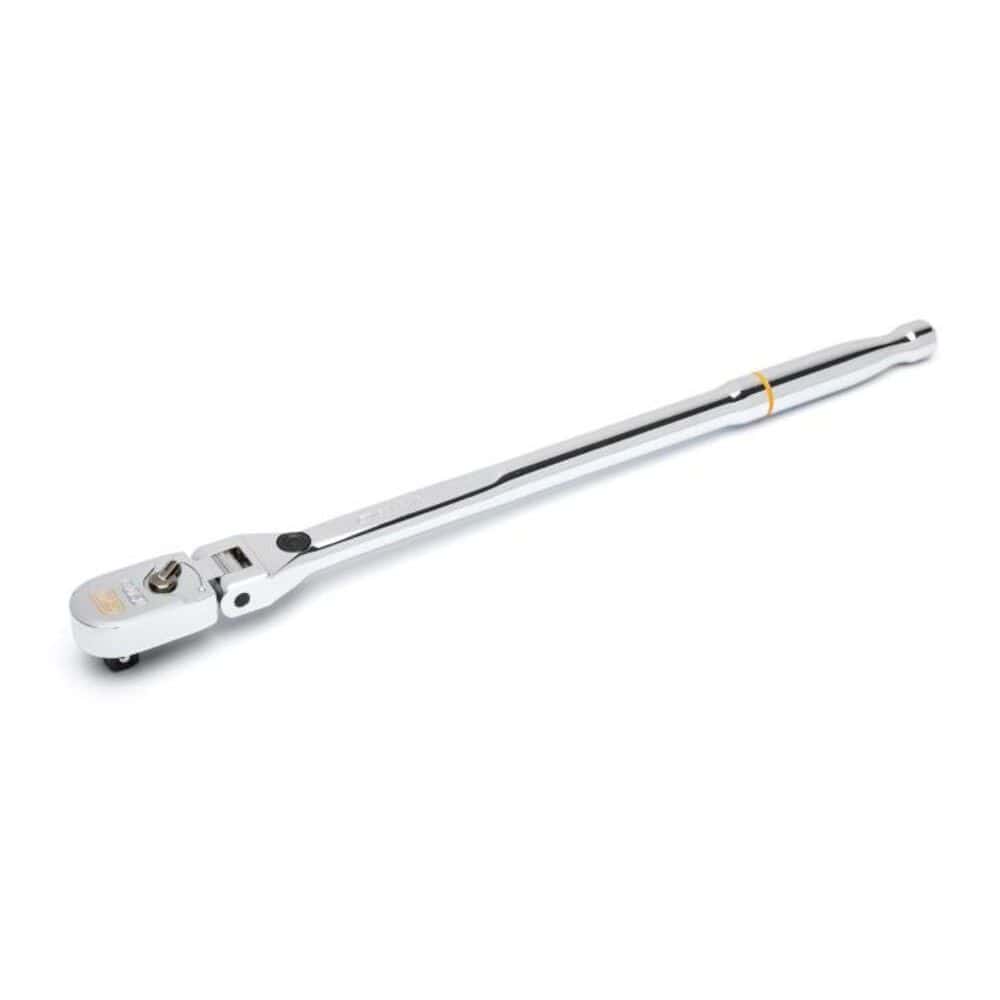 Alternative side profile view of the 3/8-inch drive Gearwrench locking flex head ratchet, showcasing the dual-direction reversing lever and the tight precision construction of its pivoting neck joint.