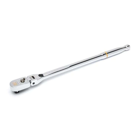 Alternative side profile view of the 3/8-inch drive Gearwrench locking flex head ratchet, showcasing the dual-direction reversing lever and the tight precision construction of its pivoting neck joint.