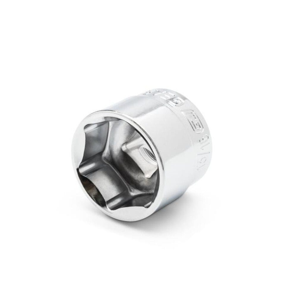 Close-up studio photograph of an individual Gearwrench stubby 6-point SAE socket, highlighting the polished chrome surface layer, clear size stamping, and the precise hex opening.