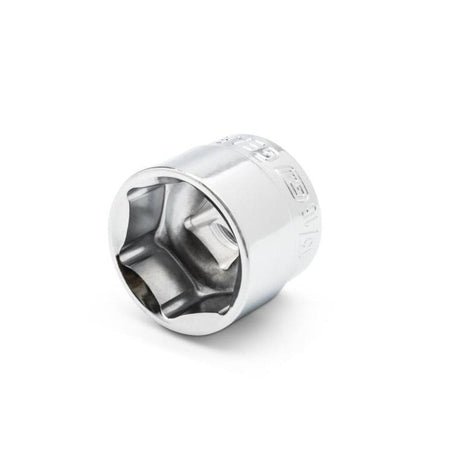 Close-up studio photograph of an individual Gearwrench stubby 6-point SAE socket, highlighting the polished chrome surface layer, clear size stamping, and the precise hex opening.