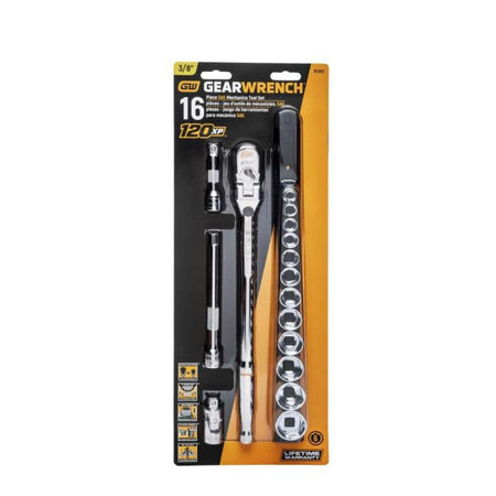 Full view of the retail carded packaging for the Gearwrench 81393 16-piece 3/8-inch drive set, displaying the locking flex head ratchet, extension bars, universal joint, and stubby sockets secured on a plastic storage rail.