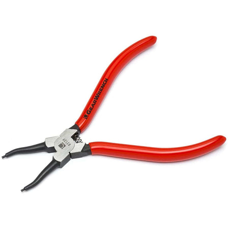 Gearwrench 82139 7-inch straight fixed tip internal snap ring pliers isolated on a white background, showcasing the red plastic-dipped handles with a black brand logo, an internal return spring, and tapered alloy steel jaws with 0.07-inch precision tips.