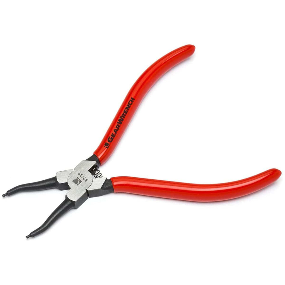 Gearwrench 82139 7-inch straight fixed tip internal snap ring pliers isolated on a white background, showcasing the red plastic-dipped handles with a black brand logo, an internal return spring, and tapered alloy steel jaws with 0.07-inch precision tips.
