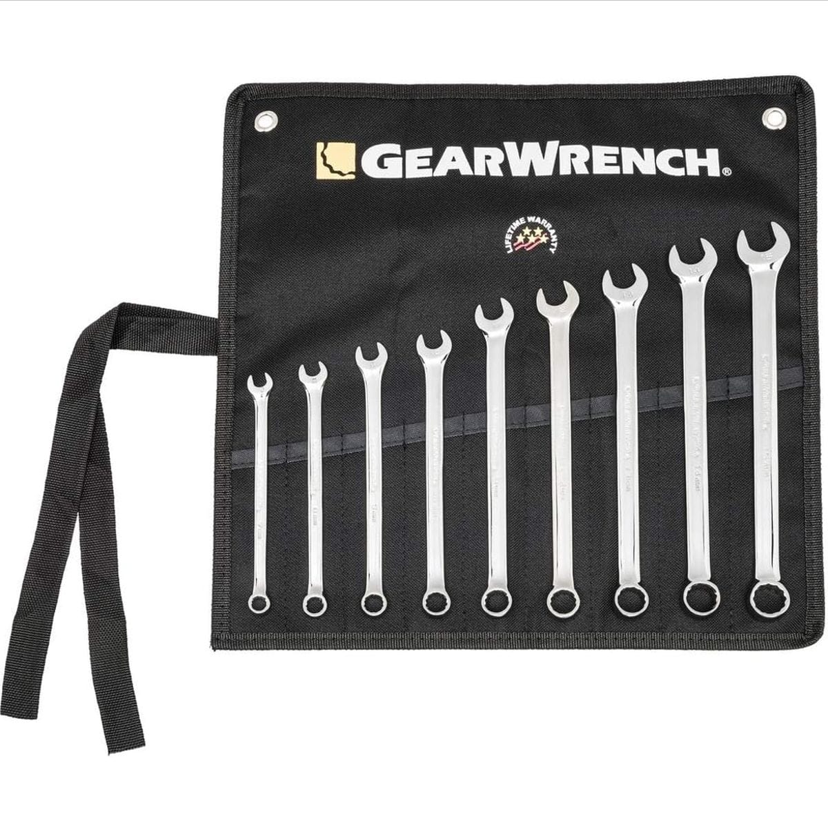 The full Gearwrench 81932 9-piece long pattern combination metric wrench set organized inside an unrolled black canvas tool roll with internal pockets and integrated tie straps.