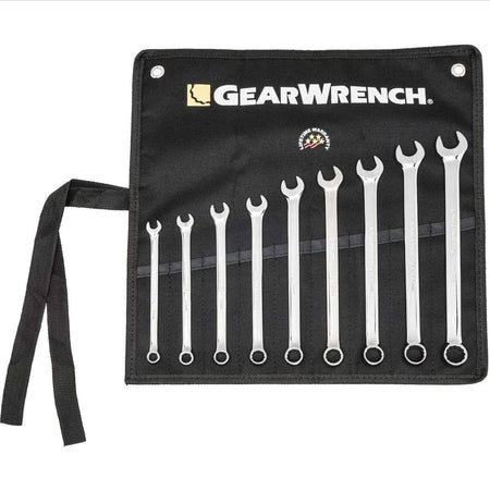 The full Gearwrench 81932 9-piece long pattern combination metric wrench set organized inside an unrolled black canvas tool roll with internal pockets and integrated tie straps.