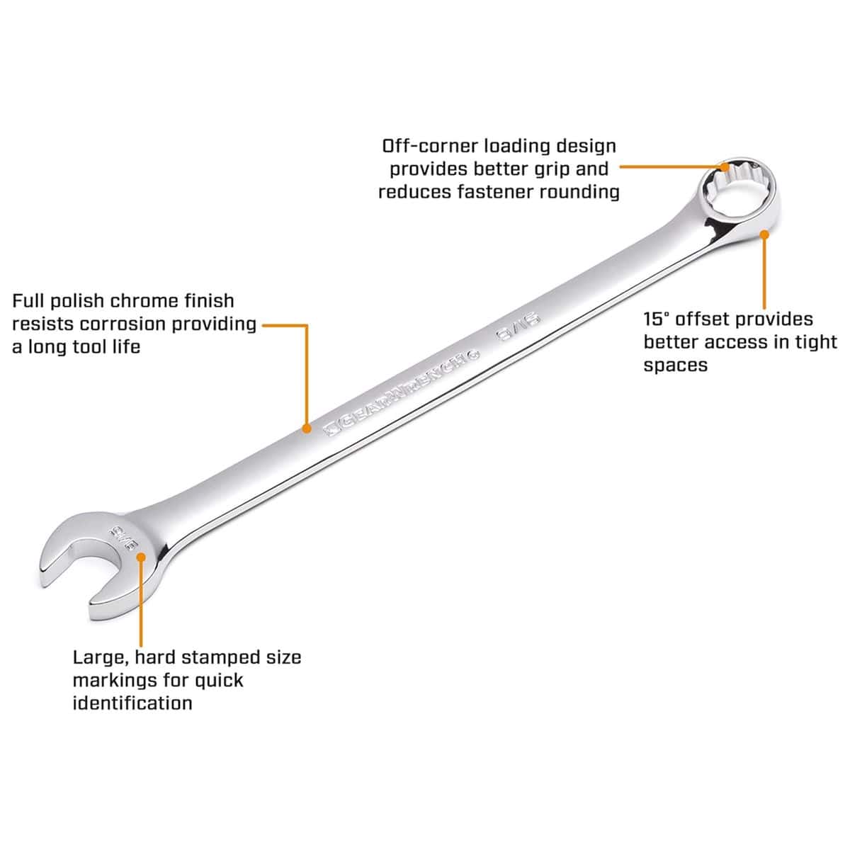 A technical anatomical product graphic demonstrating a single full-polish chrome combination wrench with pointers detailing its off-corner loading design, a 15-degree box end offset, a corrosion-resistant coating, and stamped size markings.