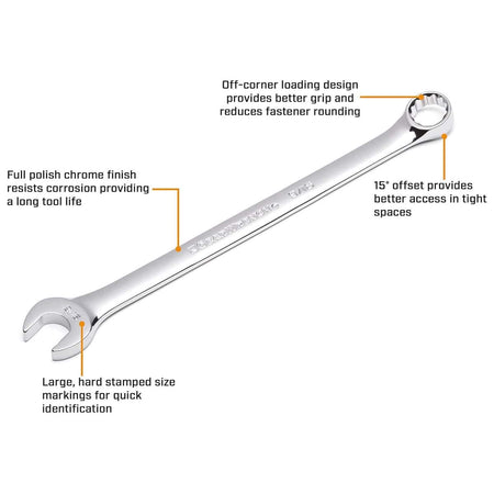 A technical anatomical product graphic demonstrating a single full-polish chrome combination wrench with pointers detailing its off-corner loading design, a 15-degree box end offset, a corrosion-resistant coating, and stamped size markings.